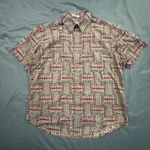 Orvis Shirt Mens XL Geometric Print Button Front Short Sleeve Plaid AOP Hippie